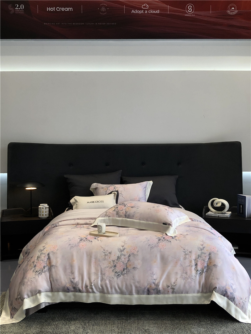 Cool ultra-fine denier Tencel summer light and cool condensation filament four-piece set, elegant printed sweat-absorbing nude bedding pic 12