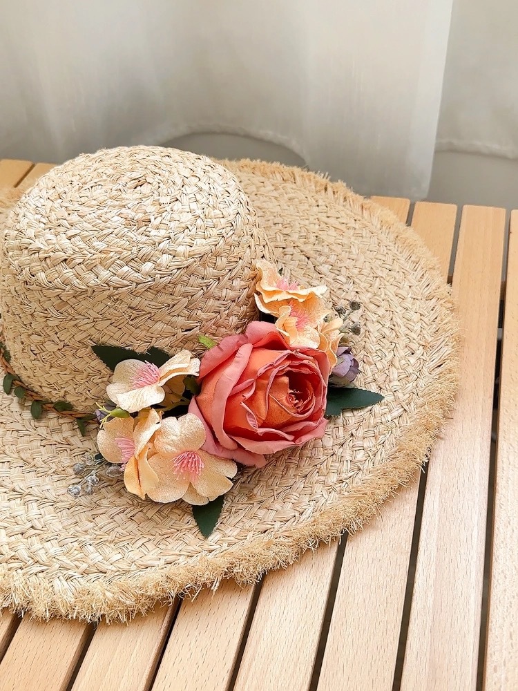花朵手工编织拉菲草帽女夏季法式大檐遮阳防晒帽海边度假太阳帽子详情6