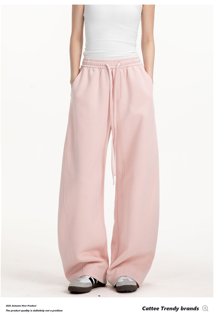 College-style solid-color straight-leg curved casual pants for men and women, loose wide-leg sport sweatpants for spring and autumn pic 22