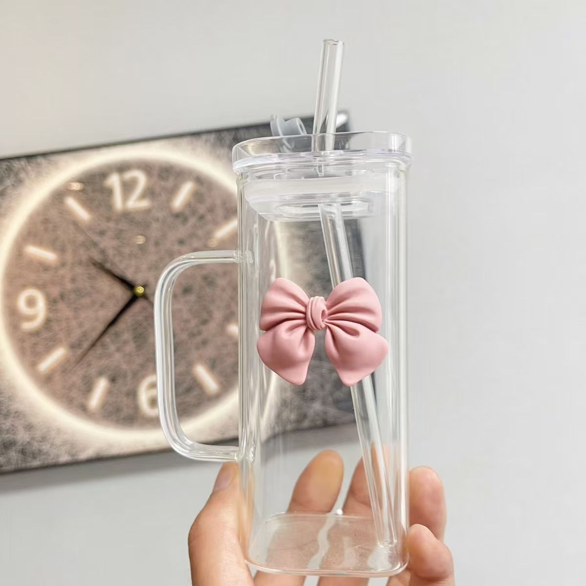 Ins-style square bow glass cup with handle, high appearance level, high-temperature resistant, cute fairy pink straw water cup pic 3