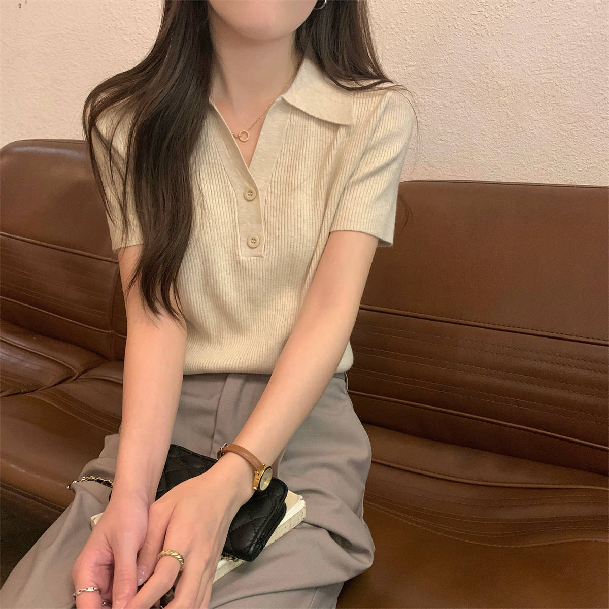 韩系坑条针织T恤夏季修身显瘦polo翻领正肩短袖女上衣气质打底衫详情15