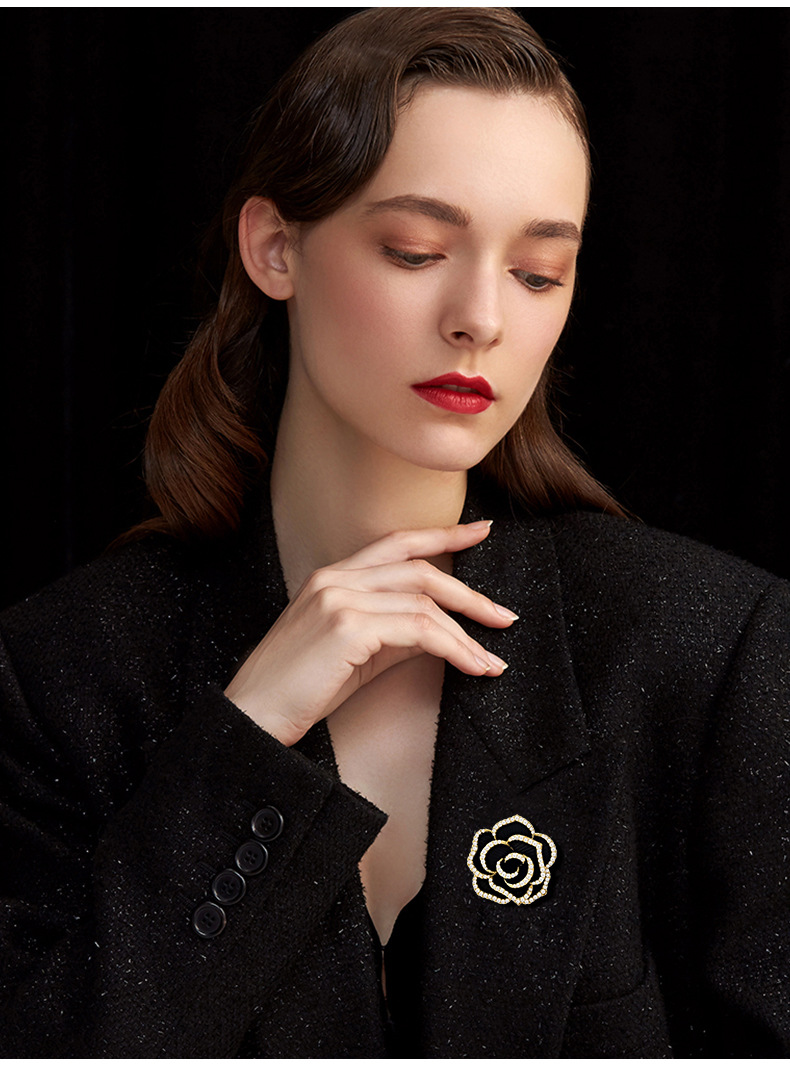 新款轻奢山茶花胸针高档女设计感小众气质复古胸花小香风别针配饰详情3