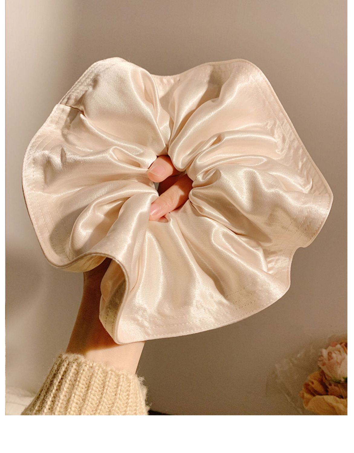 French-style gentle pink satin large intestine hair band, a luxurious and laid-back female style, oversized hair accessory with a hair tie pic 7