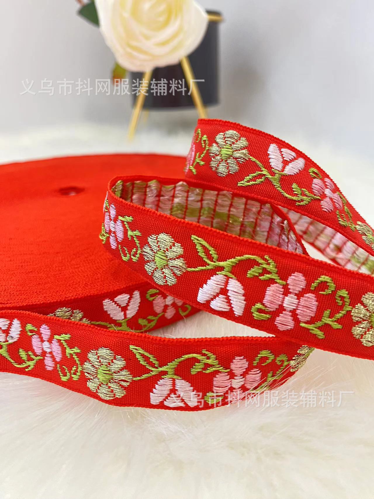 1.8cm Ethnic-style embroidered jacquard webbing DIY flower bow hair accessory border strap Nylon lustrous silk webbing pic 7