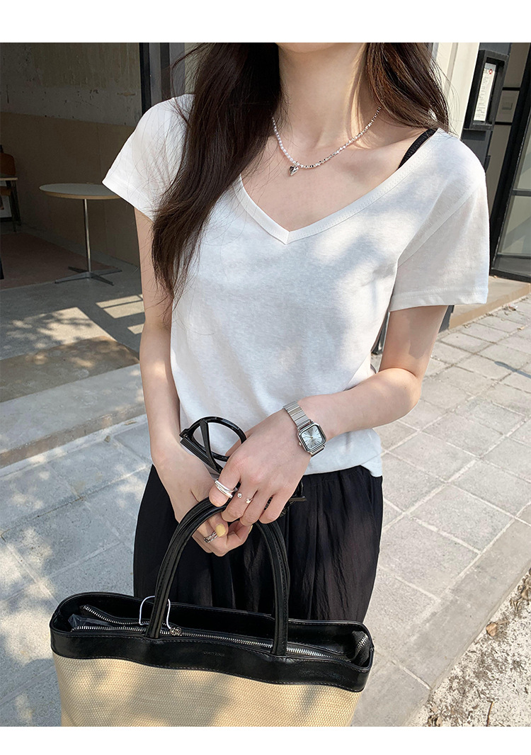 简约百搭V领纯色休闲短袖T恤女2024夏季新款轻薄透气宽松显瘦上衣详情8