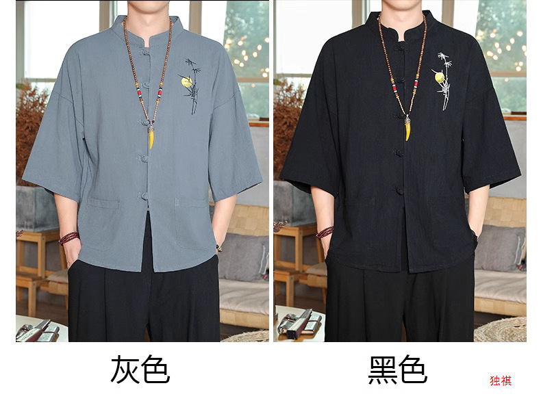 国潮中国风刺绣男士唐装短袖亚麻t恤夏季薄款七分袖道袍上衣潮流衬衣详情9