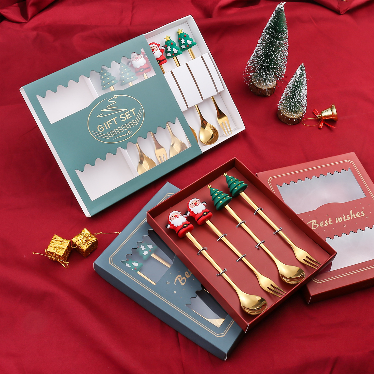不锈钢水果叉勺圣诞礼物卡通萌趣圣诞树甜品蛋糕勺叉创意餐具套装详情7