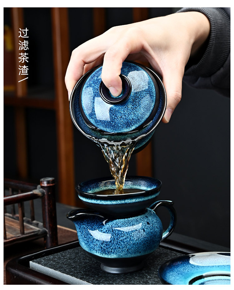 New Chinese-style complete set of kiln-changed glaze brushed teapot, kung Fu gift set, Tianmu gift box, tea set, large set of tea cups, business pic 9