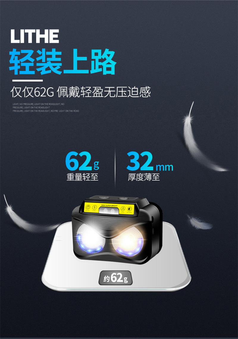 跨境多功能感应头灯强光轻型警示灯户外工作骑行夜跑钓鱼小头灯详情3