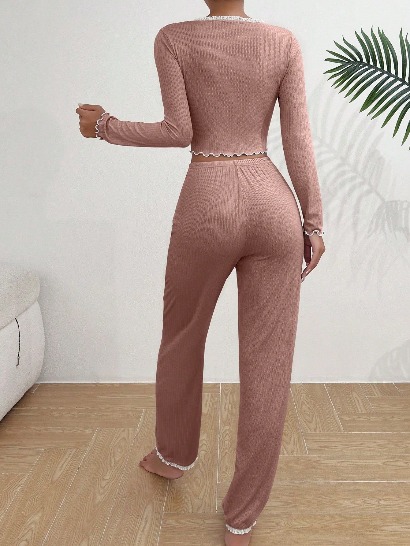 亚马逊temu热销TK欧美家居服睡衣长袖长裤修身性感花边睡衣套装详情9