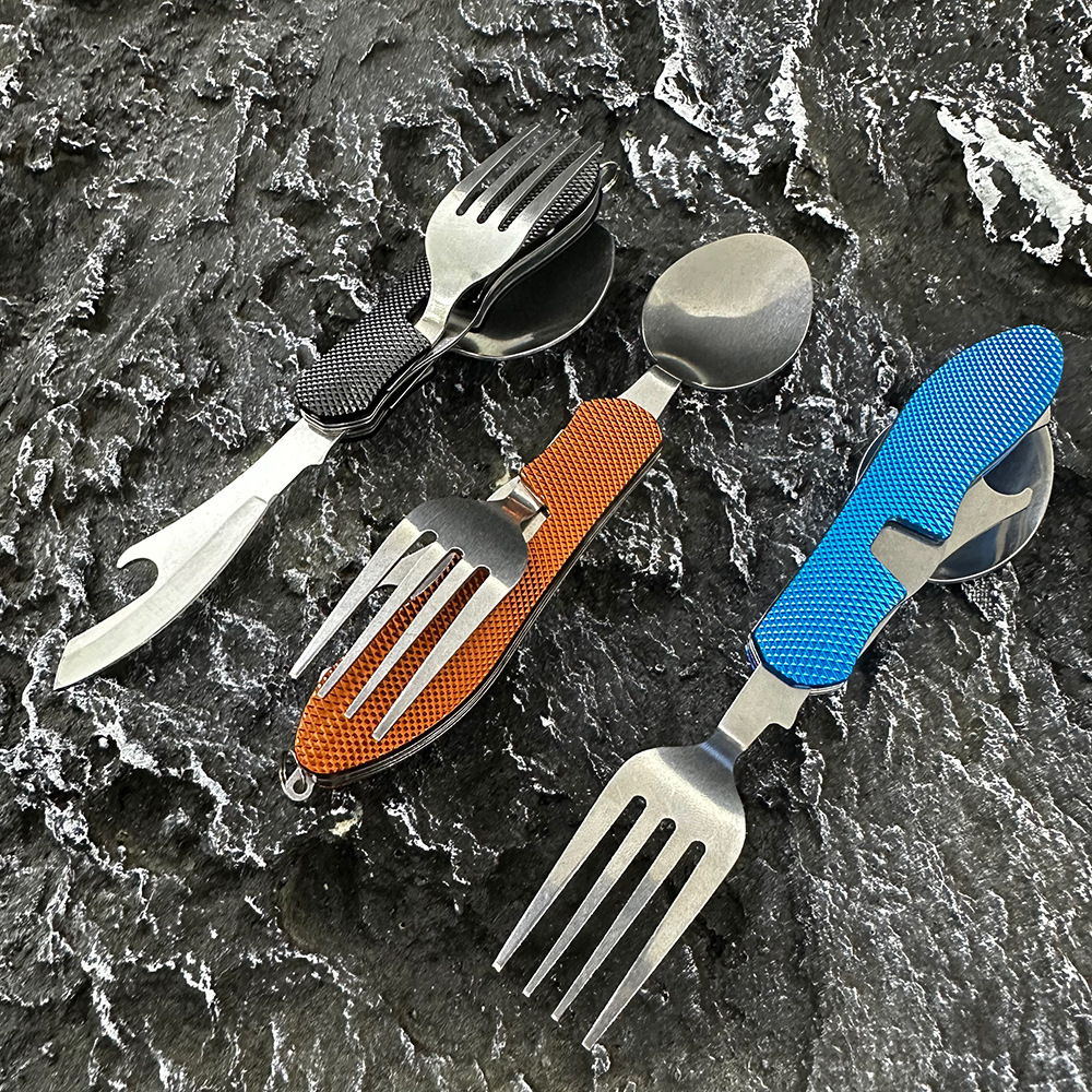 Mini folding knife, fork and spoon set, detachable combination, outdoor mountaineering and travel tableware, multi-opening aluminum handle Swiss knives pic 5