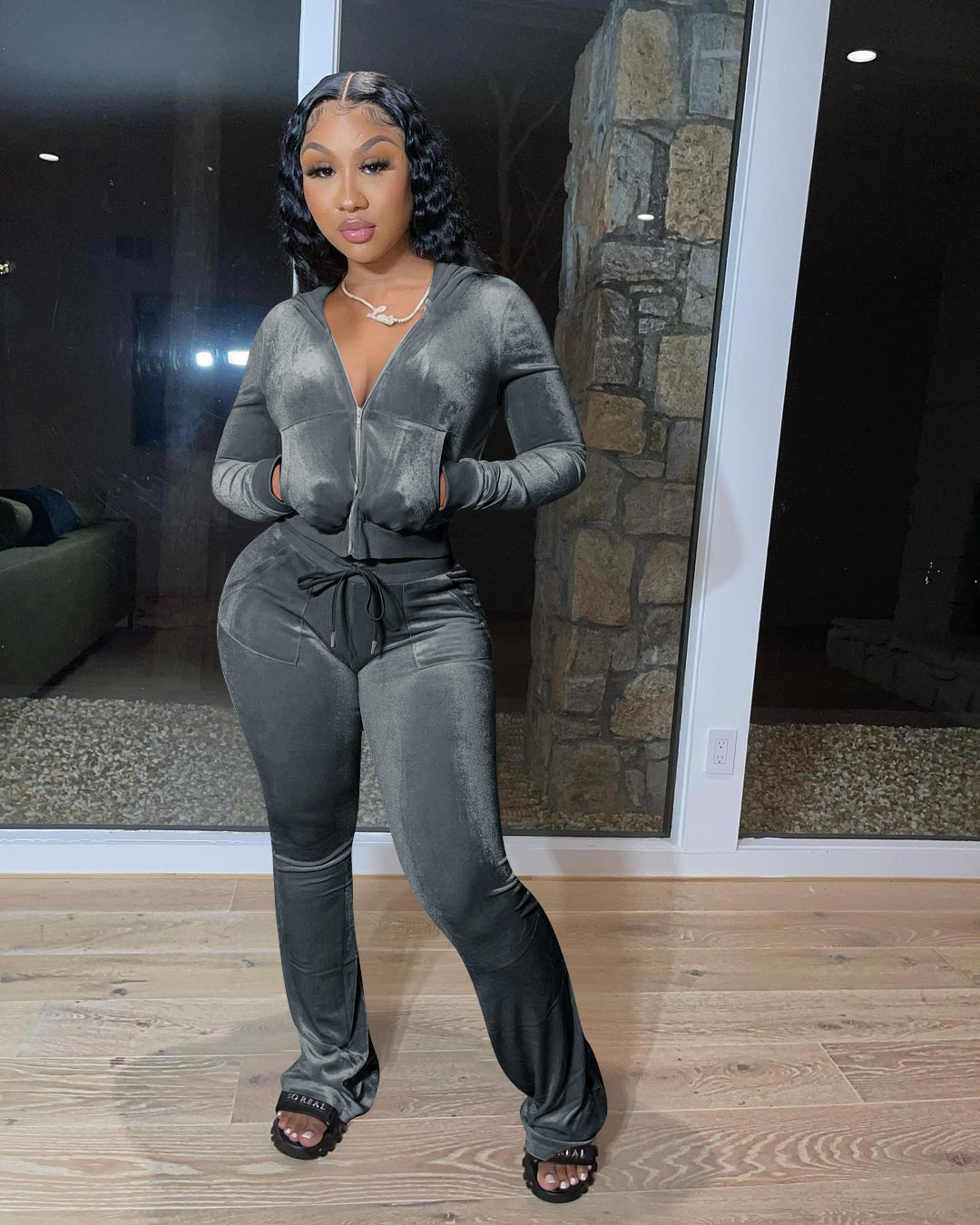 Solid color gold velvet wide-leg pants two-piece set pic 16