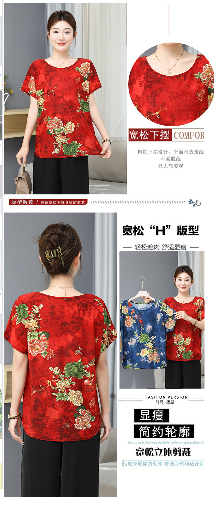 50岁60妈妈奶奶装宽松大码蝙蝠衫200斤短袖上衣中老年老太太T恤夏详情12