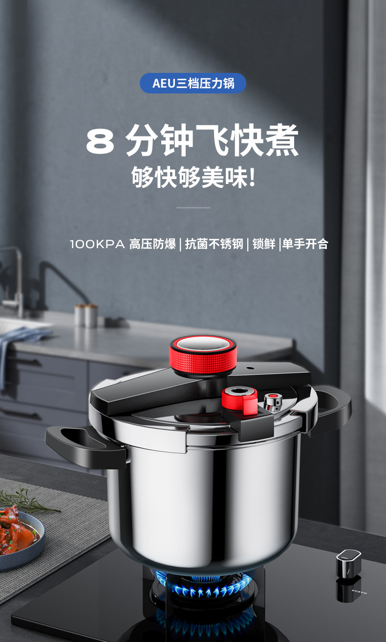 AEU 304不锈钢高压锅6L8L家用加厚防爆压力锅三档炖煮节能锅具详情1