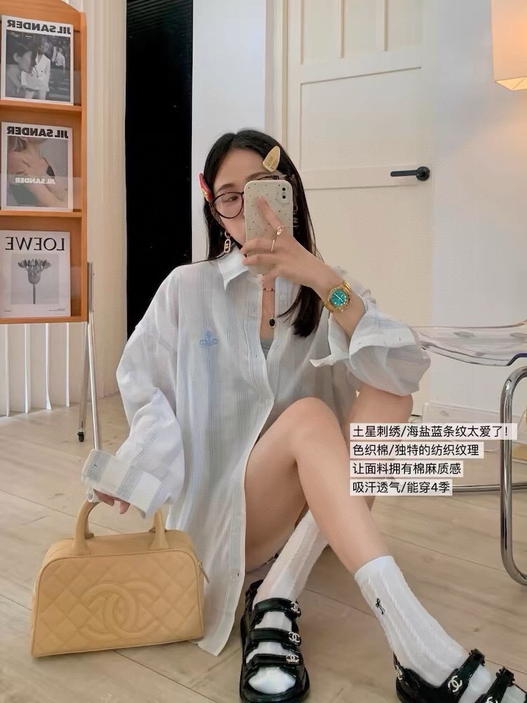 西太后亚麻衬衫土星刺绣竖条纹防晒衬衫女中长款宽松显瘦韩版衬衣详情12