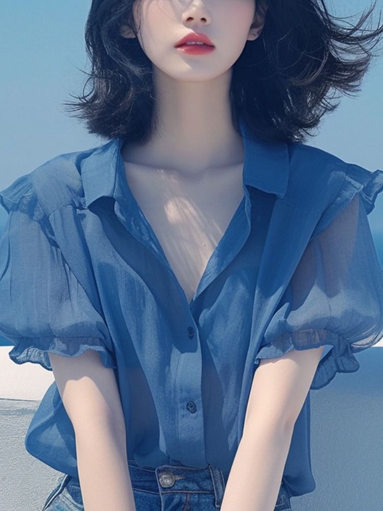 French-style blue puffed-sleeve chiffon blouse for women, a new summer style that hides and slimming the body, a youthful thin shirt pic 13