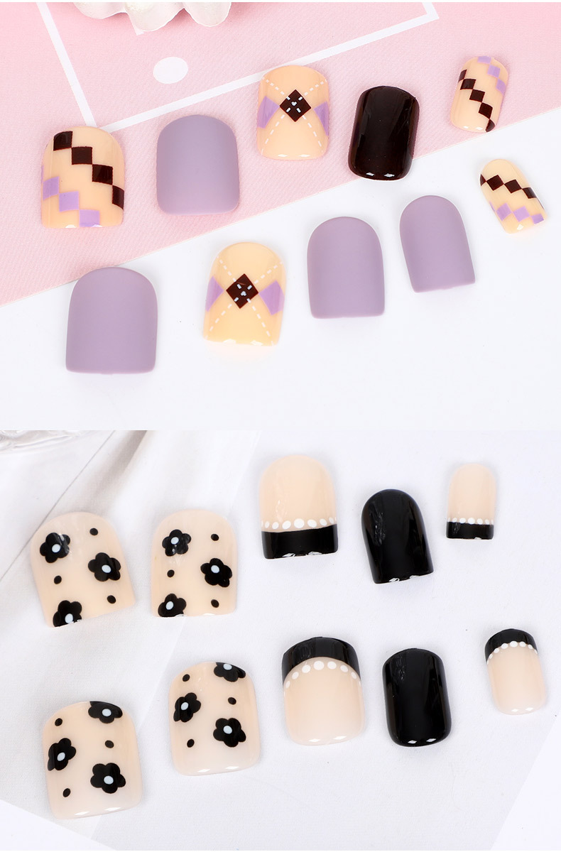 Checkered heart-shaped nail art mixed color printed false nail, colored stripe bow wearable nail, 24-piece finished nail pic 14