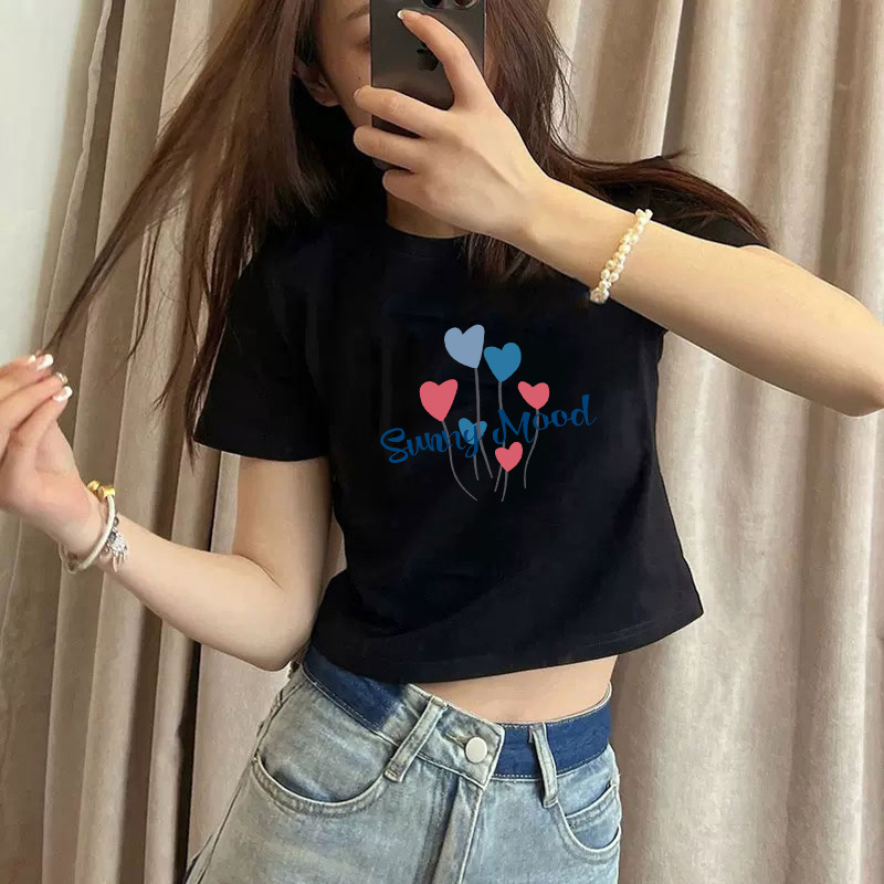 Pure cotton short-sleeved T-shirt for women, new summer style, high-waisted short, spicy girl style, slimming and petite, round-neck base layer pic 20