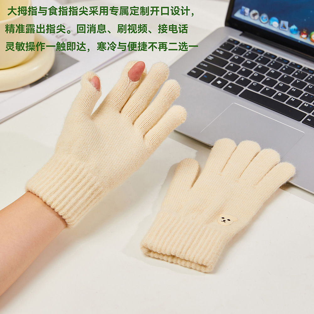 冬季新款羊驼绒二指触屏百搭纯色保暖针织手套详情5