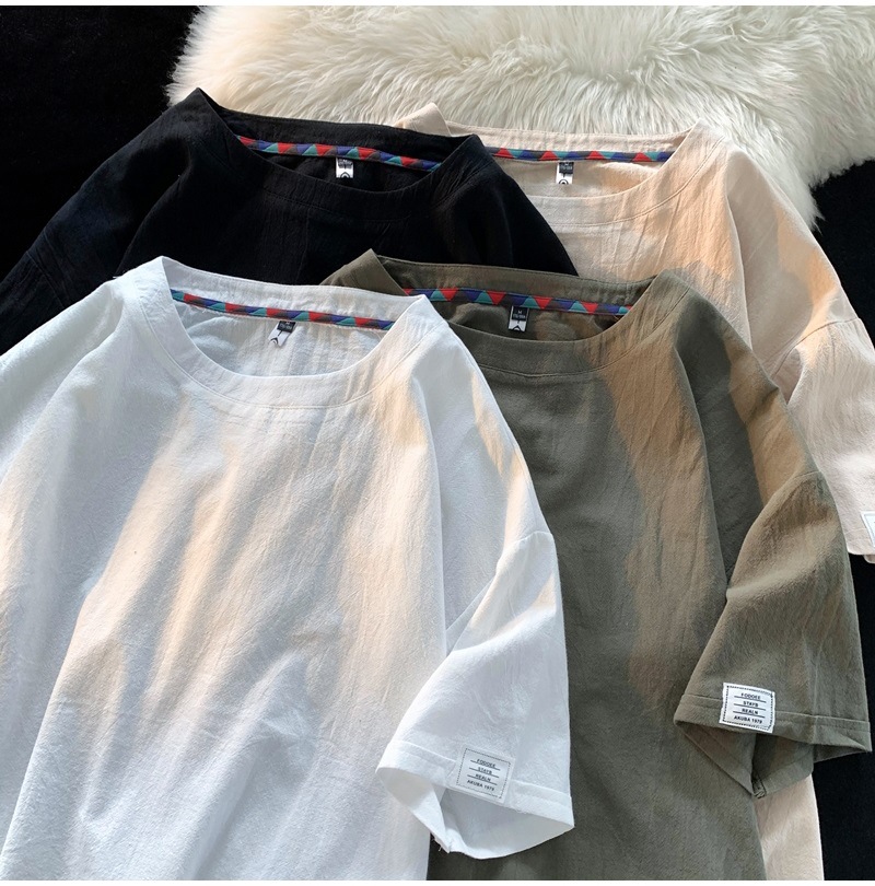 Linen short-sleeved T-shirt for men, a new summer trend. Cotton and linen half-sleeved loose solid color base layer, a trendy T-shirt top pic 18