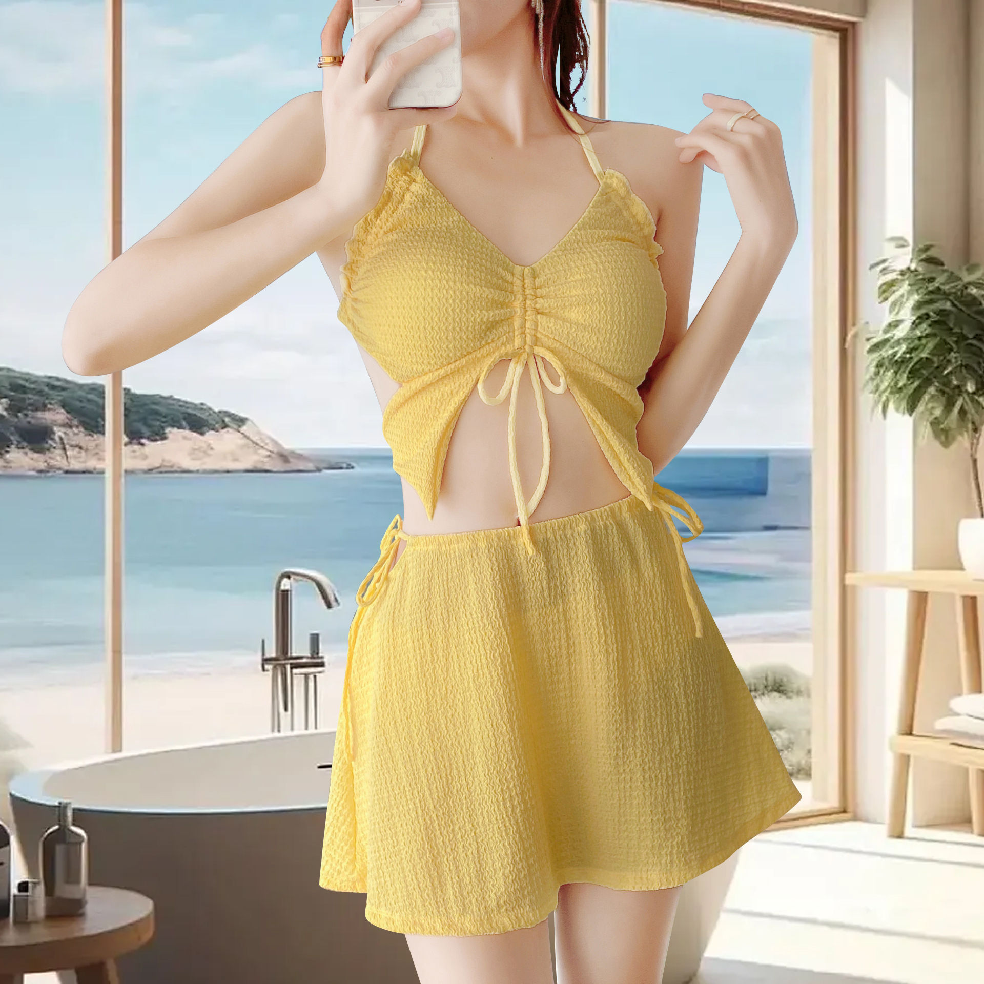 纯欲风分体裙式泳衣女绑带吊带小胸聚拢纯色度假泳池比基尼套装-107041 pic 6