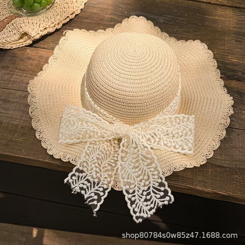 防晒草帽夏季户外出游大檐草帽蕾丝帽蝴蝶结透气草编帽厂家直销详情7
