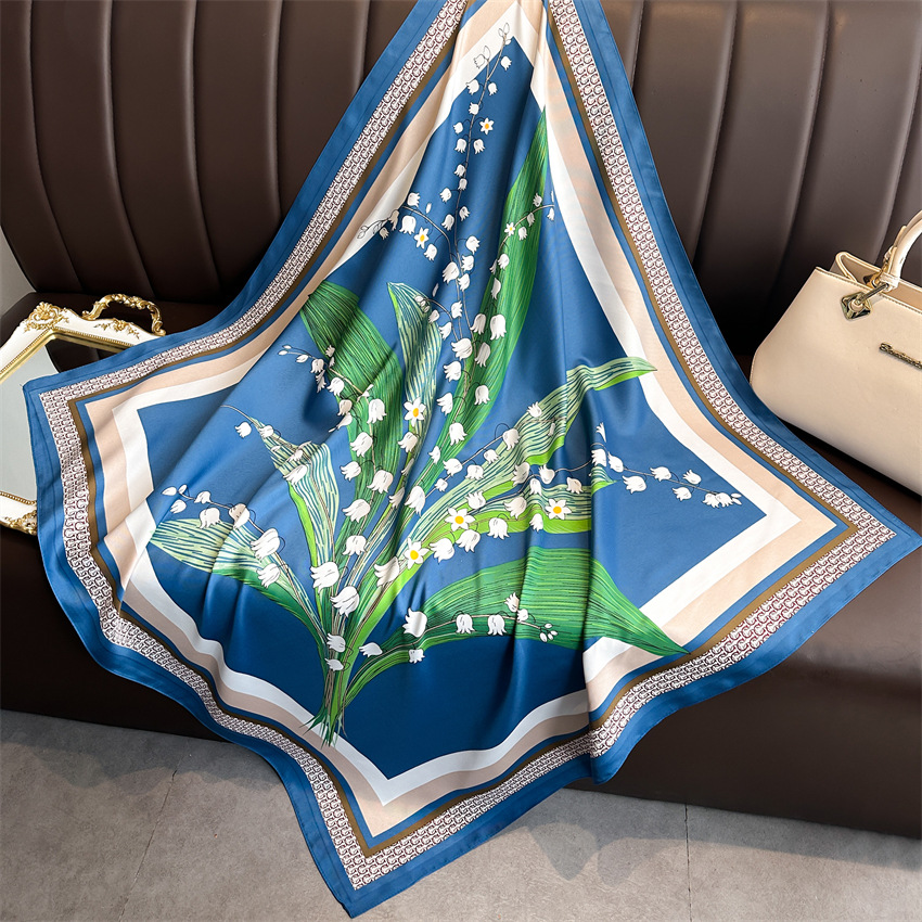 A 90cm new elegant and stylish square scarf with a twill pattern featuring Chinese trend lily of the valley flowers. It is a versatile sun-protective shawl and headscarf for women pic 10