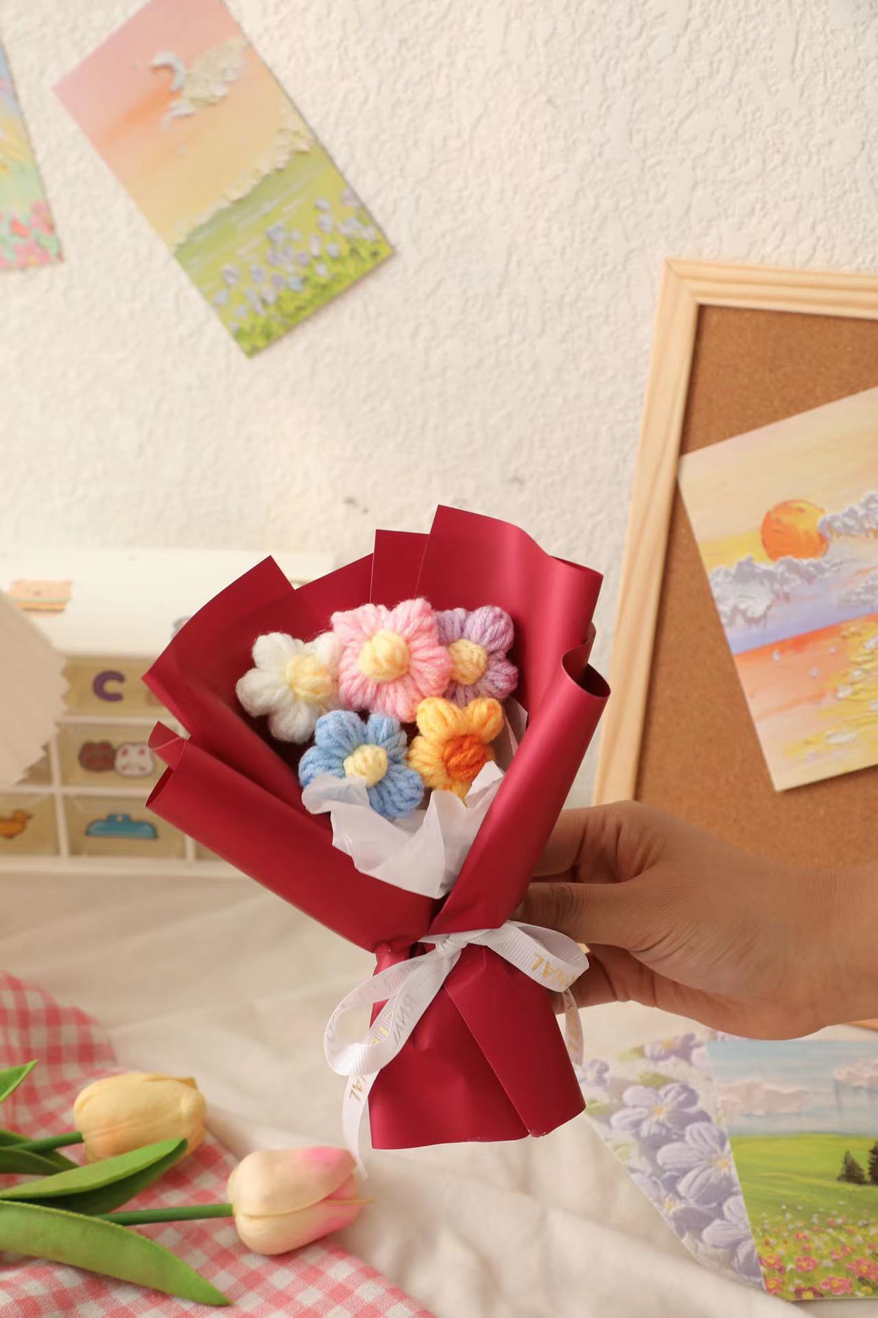 仿真花针织毛线花泡芙花束假花七夕情人教师节礼物伴手礼跨境批发详情6