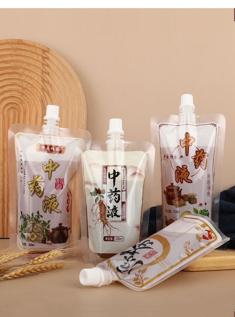The self-standing spout bag for traditional Chinese medicine liquid in pharmacies can be refrigerated, heat-resistant and thickened. It is a disposable liquid bag for herbal tea shops pic 13