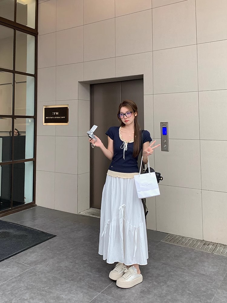 2025夏季新款芭蕾风假两件正肩短袖t恤女修身显瘦bm短款上衣详情8