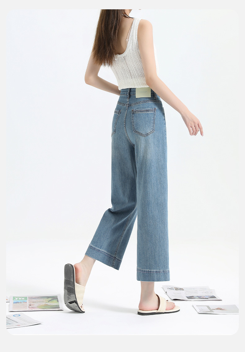 Petite 9-inch straight pipe pants with embroidered stretch in light blue, fashionable commuting pear-shaped high-waisted baguette pants that look slimming pic 13