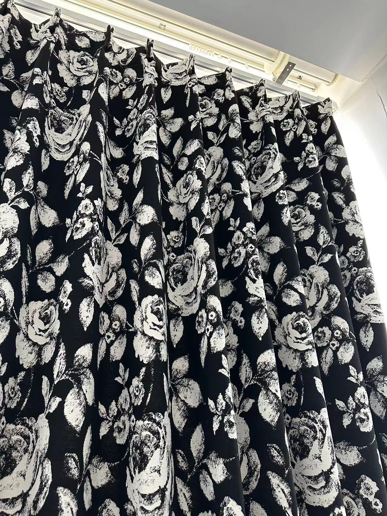 黑色玫瑰窗帘法式轻奢高级感客厅客厅卧室遮光雪尼尔提花窗帘布料详情3