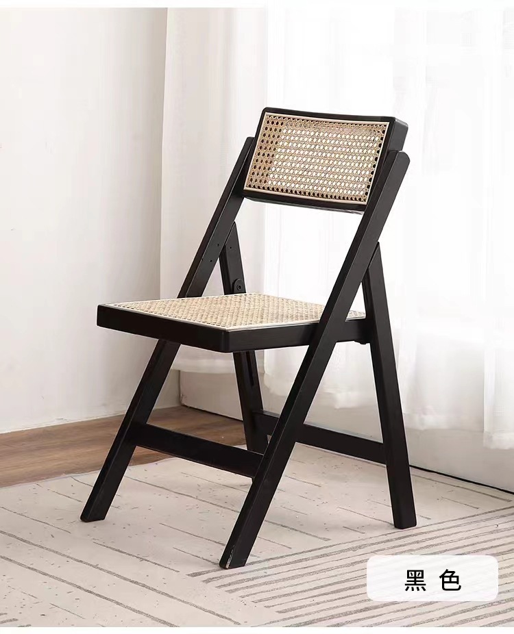 中古侘寂风藤编椅子家用折叠椅实木凳子靠背餐椅北欧风休闲办公椅详情6