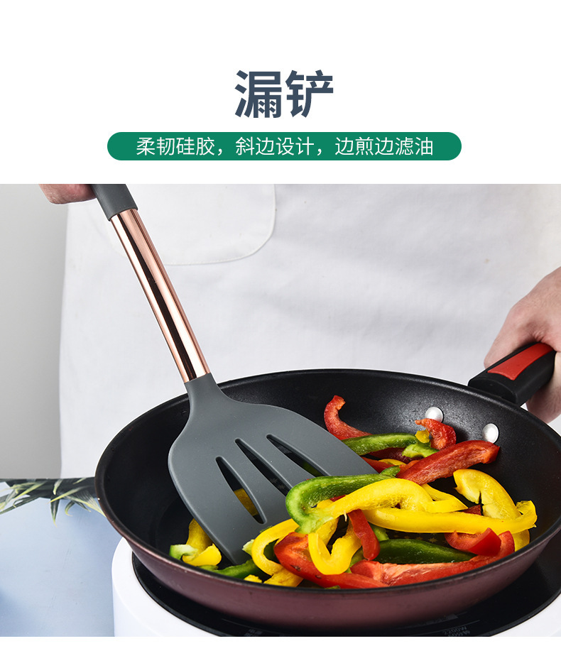 Kitchen knife set, silicone kitchenware, rose gold 18-piece set, cooking knife storage bucket, wooden handle silicone kitchenware set pic 4