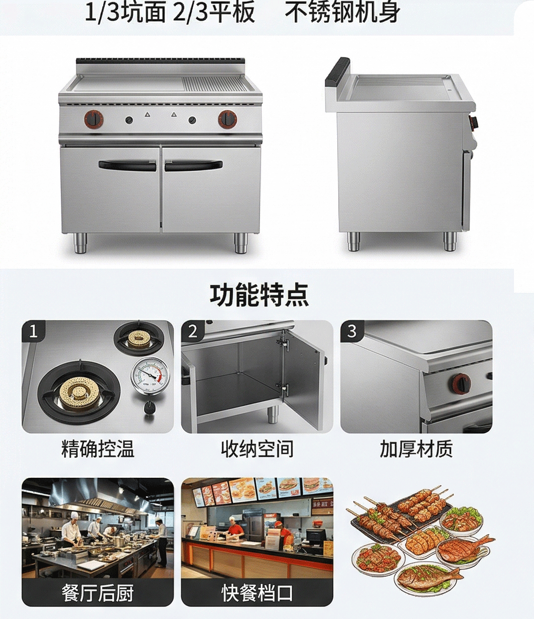 Kaiping Stainless Steel commercial grill machine, multi-functional electric, gas, semi-flat, semi-pit with cabinet base, iron plate grilling and roasting oven pic 3