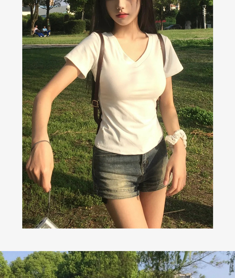 纯棉v领短袖t恤女夏2025新款白色内搭修身显瘦掐腰半袖薄正肩上衣详情18