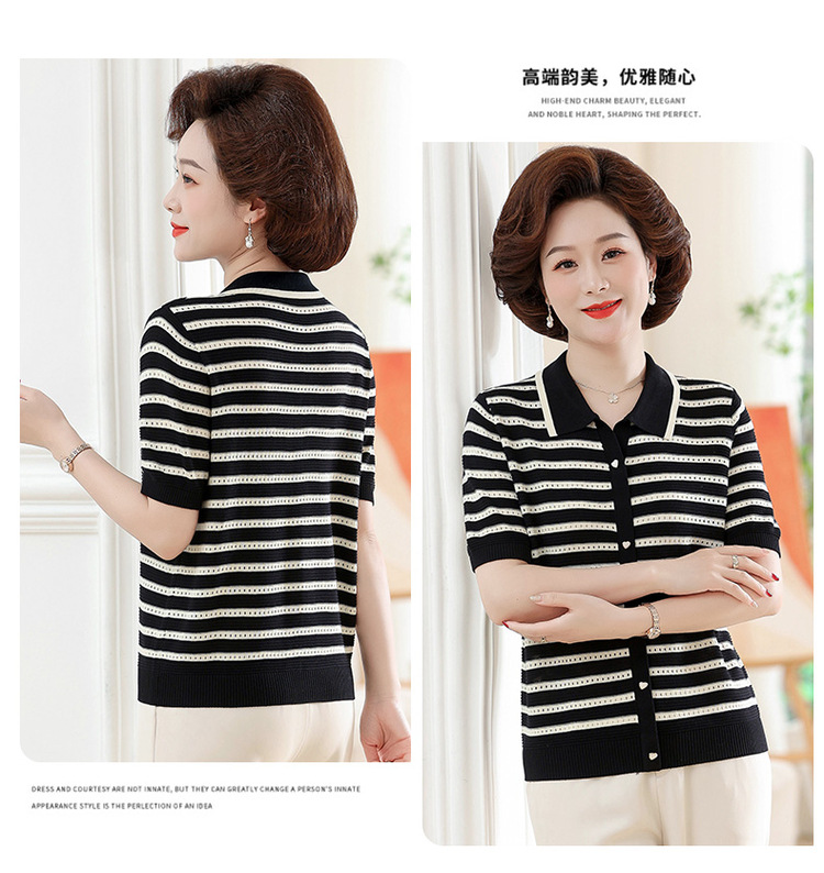 2024新款妈妈夏装短袖T恤中老年女冰丝条纹上衣洋气薄款小衫套装详情13