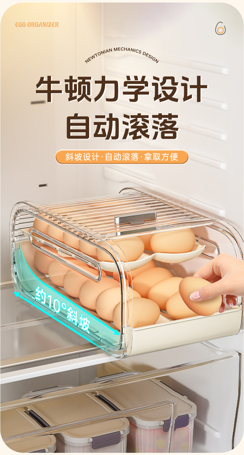 自动滚落式鸡蛋收纳盒厨房冰箱双层鸡蛋架集装箱推拉式鸡蛋保鲜盒详情7