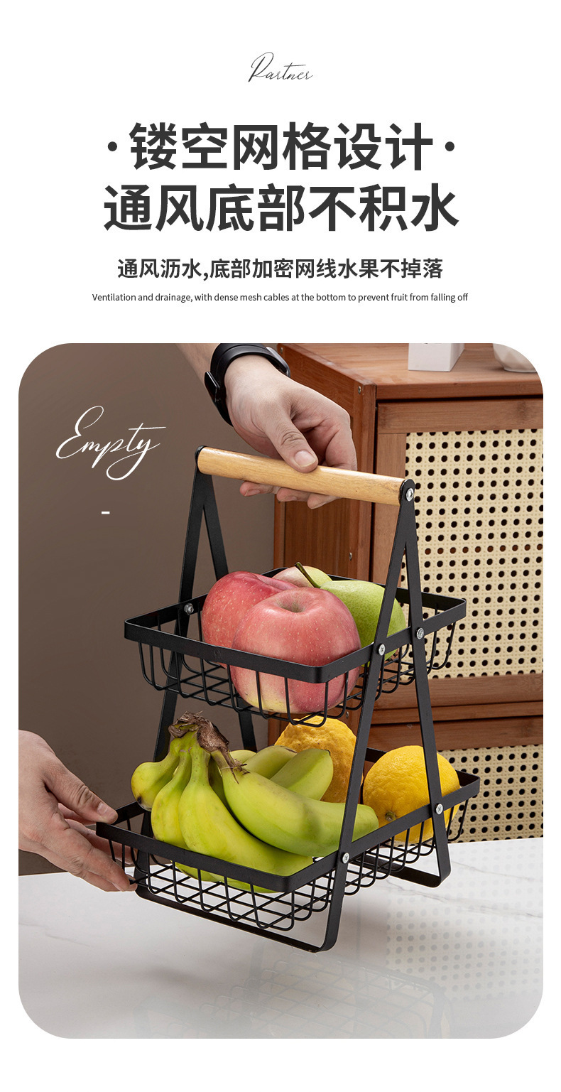 Crossover nuevo estilo de madera cesta de mano de hierro forjado canasta multifuncional de frutas cocina multicapa snack almacenamiento rack wholesale pic 7