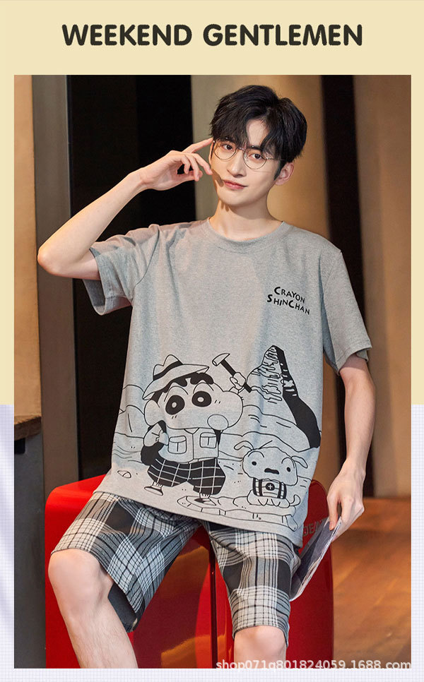 男士睡衣夏天短袖短裤薄款套装青少年加肥大码宽松版可外穿家居服详情2