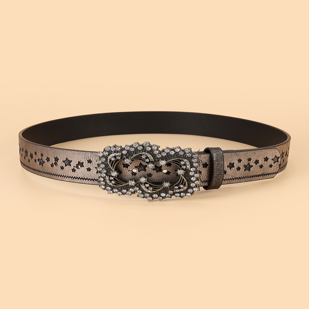 Female belt manufacturer direct supply cross-border electric retro water diamond five-pointed star embossed and engraved personalized fashionable ethnic style belt pic 2