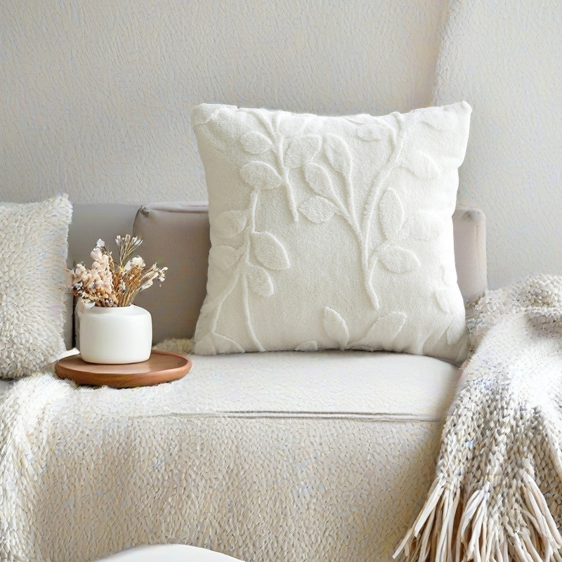 Faux plush jacquard pillow, solid-color simple home sofa pillow cover, three-dimensional leaf pattern living room sofa pillow pic 3
