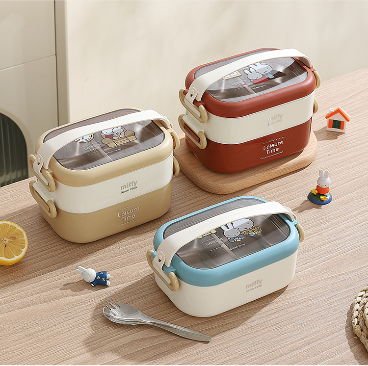 Miffy 304 lonchera de doble capa de acero inoxidable lunch box de trabajo para estudiantes oficina oval con cubiertos bento box miffy pic 12