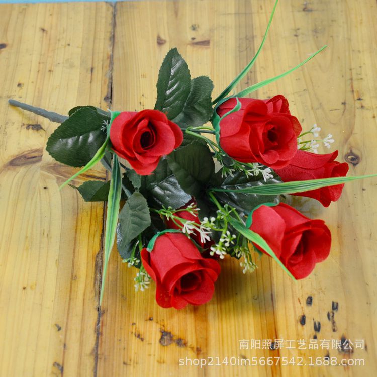 照屏仿真花厂家批发仿真玫瑰花仿真绢花七头春蕾把花小假花花束详情16