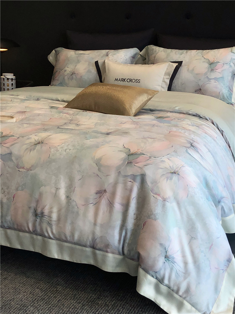 Cool ultra-fine denier Tencel summer light and cool condensation filament four-piece set, elegant printed sweat-absorbing nude bedding pic 42