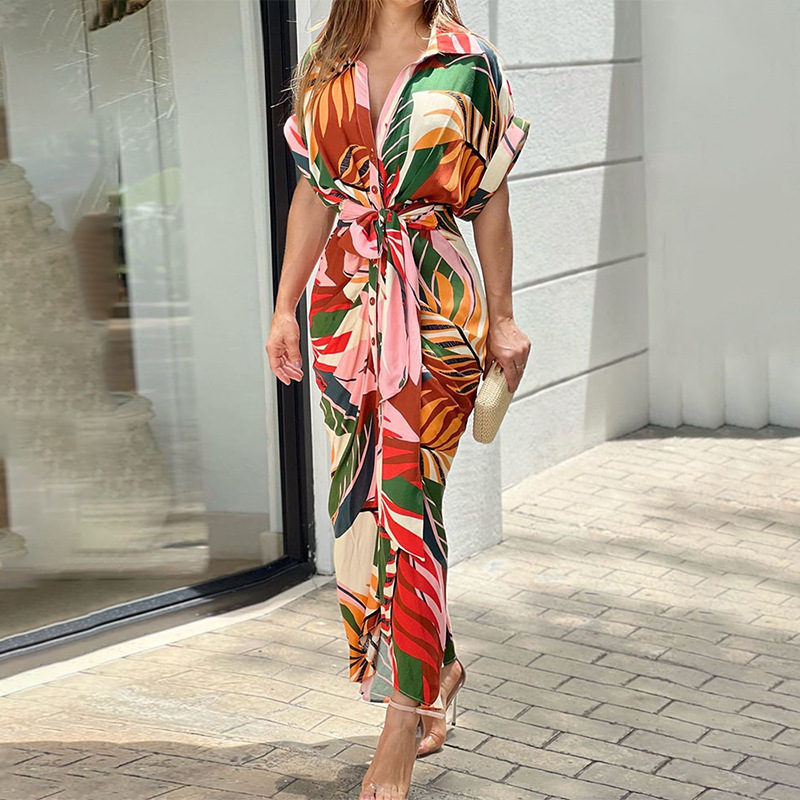 Printed Lapel Short-Sleeved High-Waisted Long Shirt Dress详情5