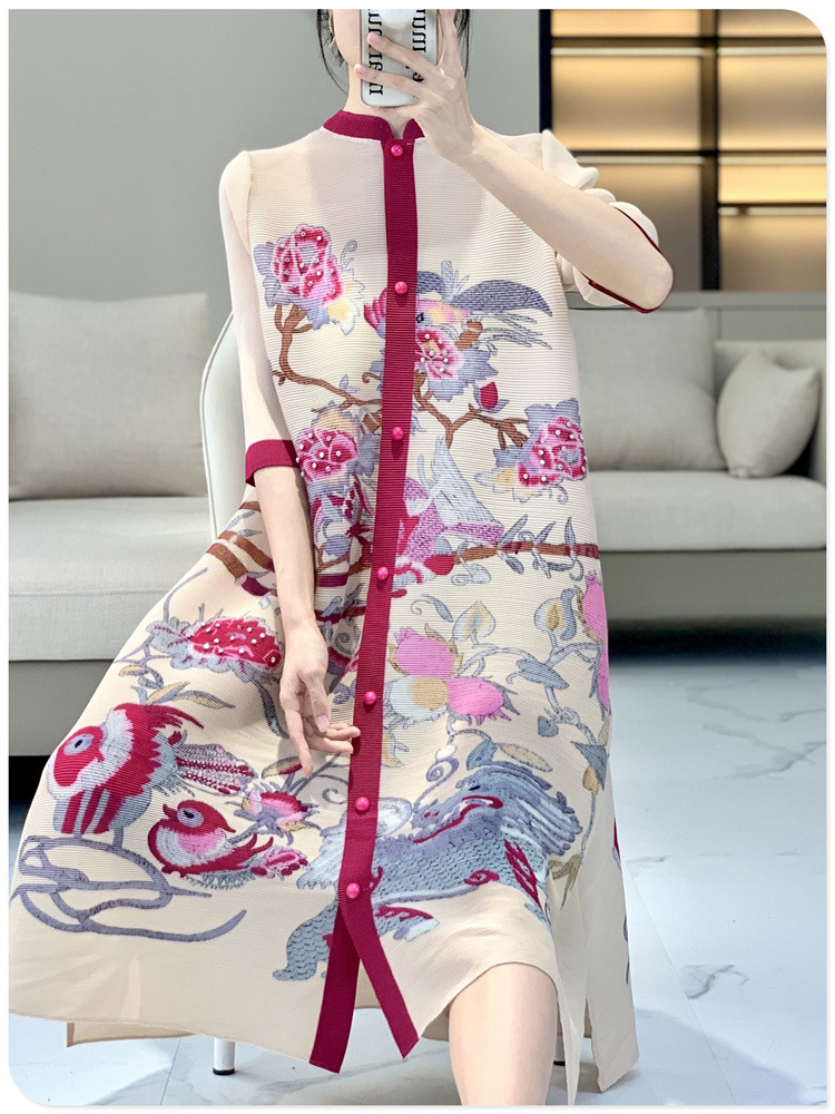 三宅褶皱2024春夏新中式连衣裙复古国风减龄洋气中老年女装衬衫裙详情5