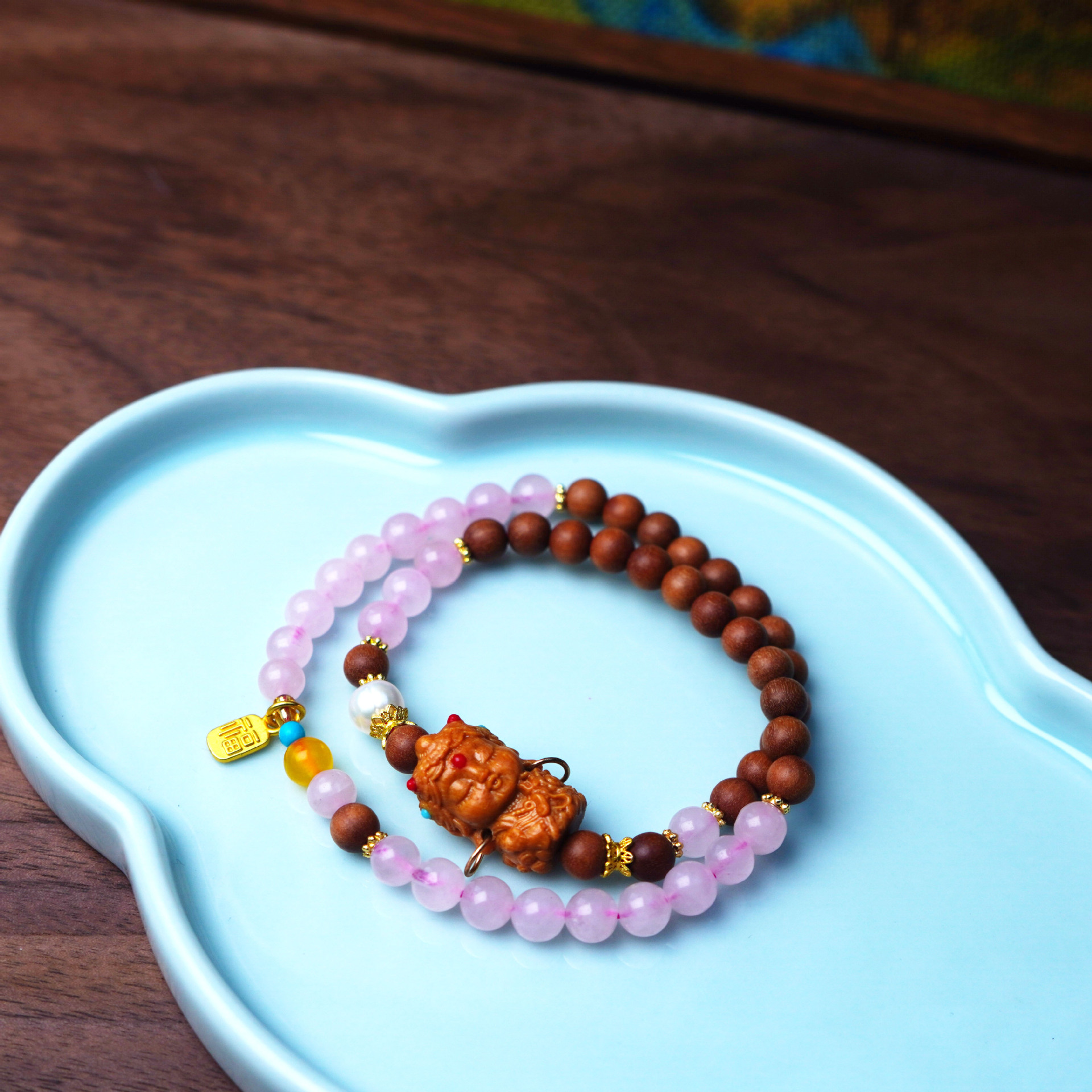 寺庙同款天然芭比檀木双圈手串复古民族风宝宝粉晶女手链饰品配饰详情33
