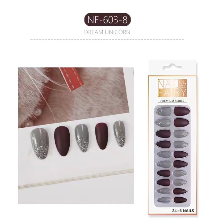 Cross-border exclusive flash pink color-blocking and dazzling nail art, 24 pieces of finished nail art, wearable detachable false nails pic 10