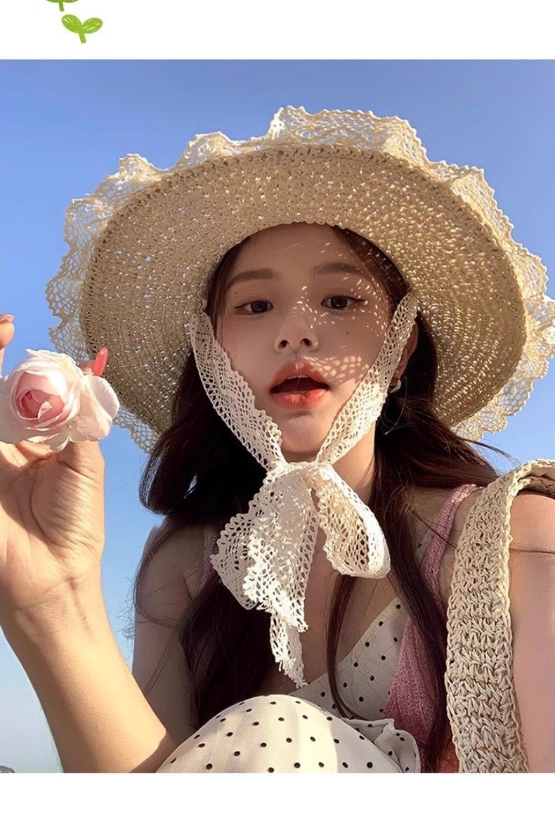 草帽ins绑带镂空草编帽女夏旅游防晒沙滩海边太阳帽女式遮阳帽详情10